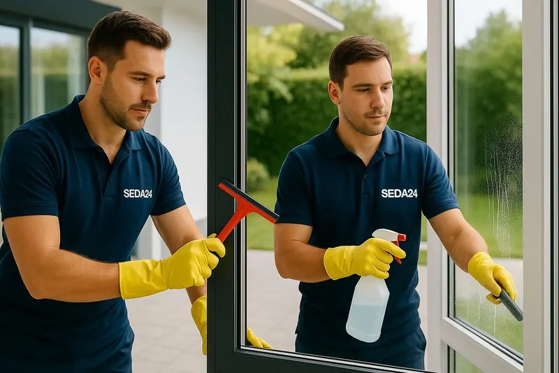 SEDA24-Mitarbeiter reinigt die Glastür eines Privathauses mit Garten