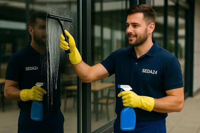 SEDA24-Mitarbeiter zieht eine Glasfassade streifenfrei ab