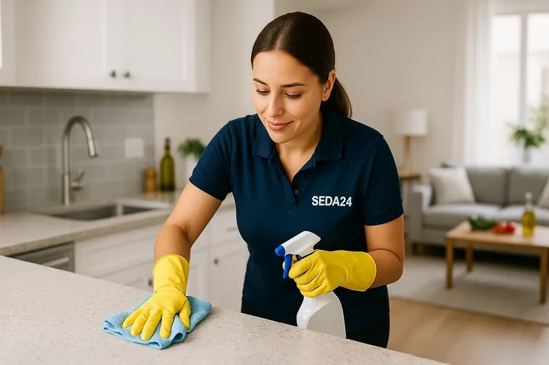 SEDA24-Reinigungskraft reinigt eine Küchenarbeitsplatte in einer Wohnung