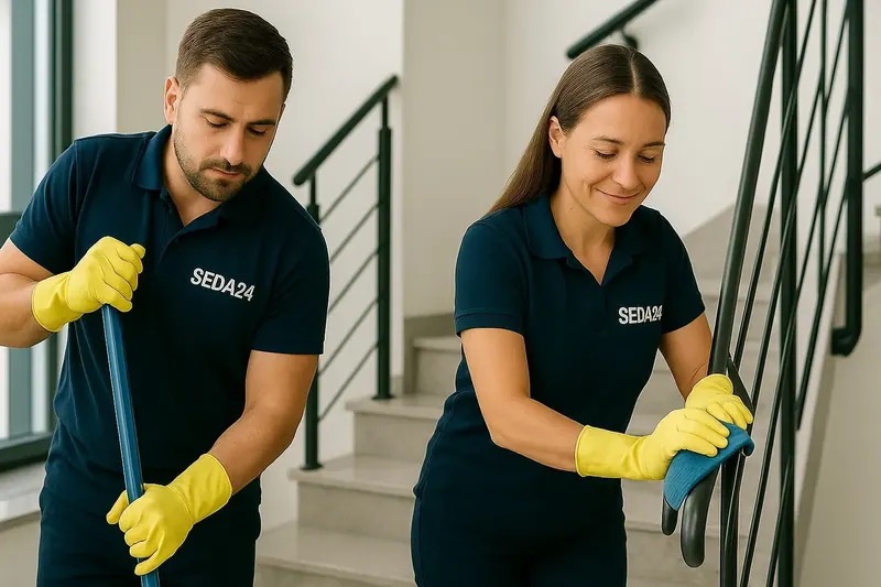 Zwei SEDA24-Reinigungskräfte reinigen Stufen und Handlauf eines Treppenhauses