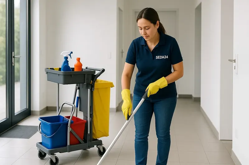 SEDA24-Reinigungskraft wischt den Boden eines Flurs, daneben ein Reinigungswagen